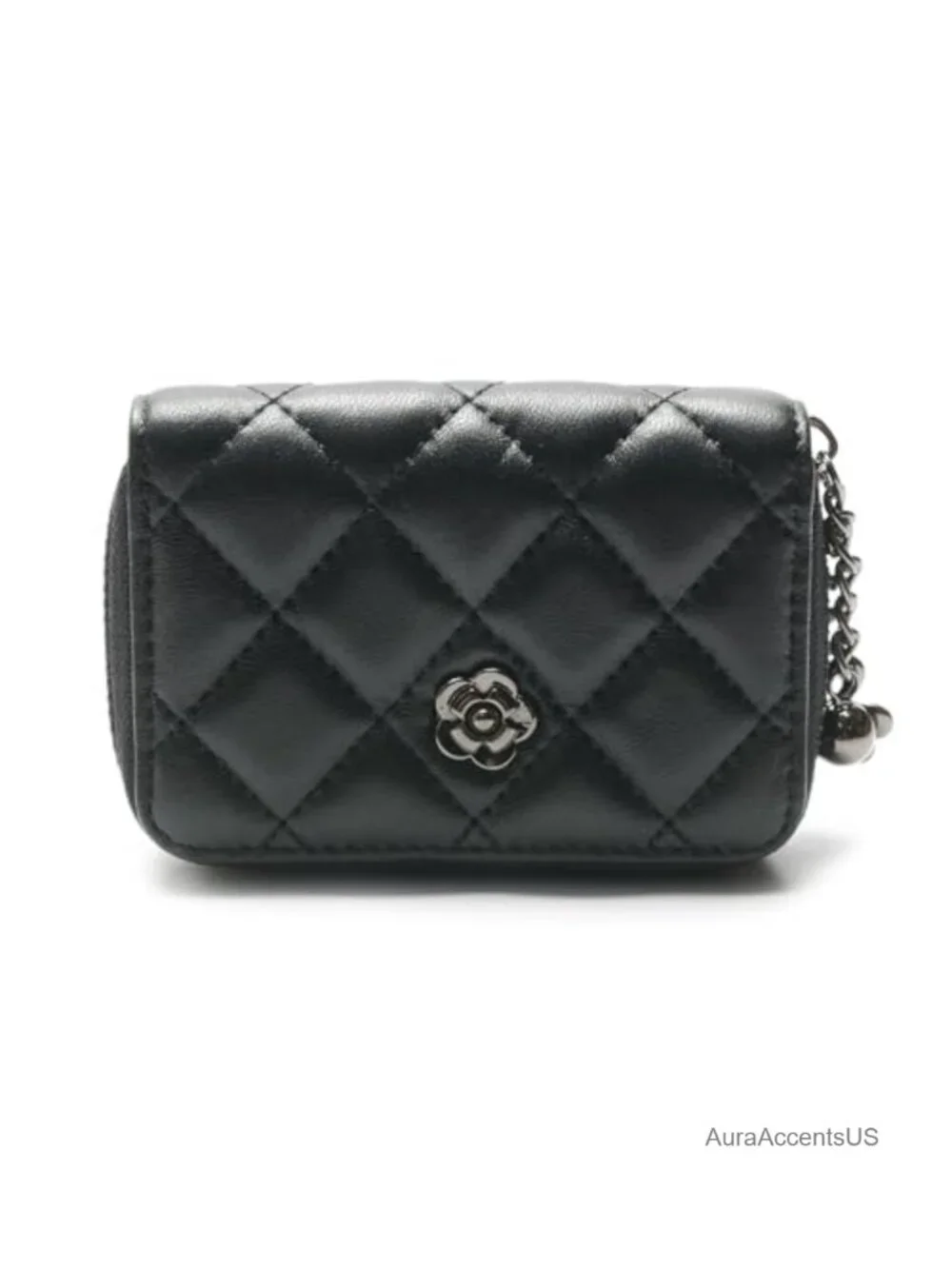 Quilted Leather Zipper Wallet with Detachable Chain Strap